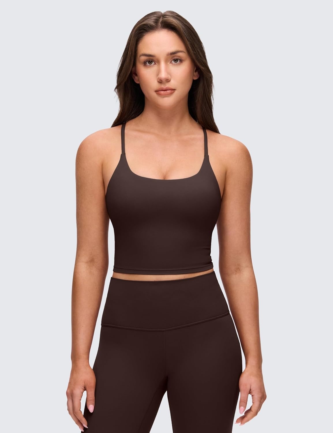 image:imageCRZ YOGA Butterluxe Twist Cross Back Crop Tank Tops for Women Padded Adjustable Straps Yoga Longline Sports BrasHot Fudge Brown