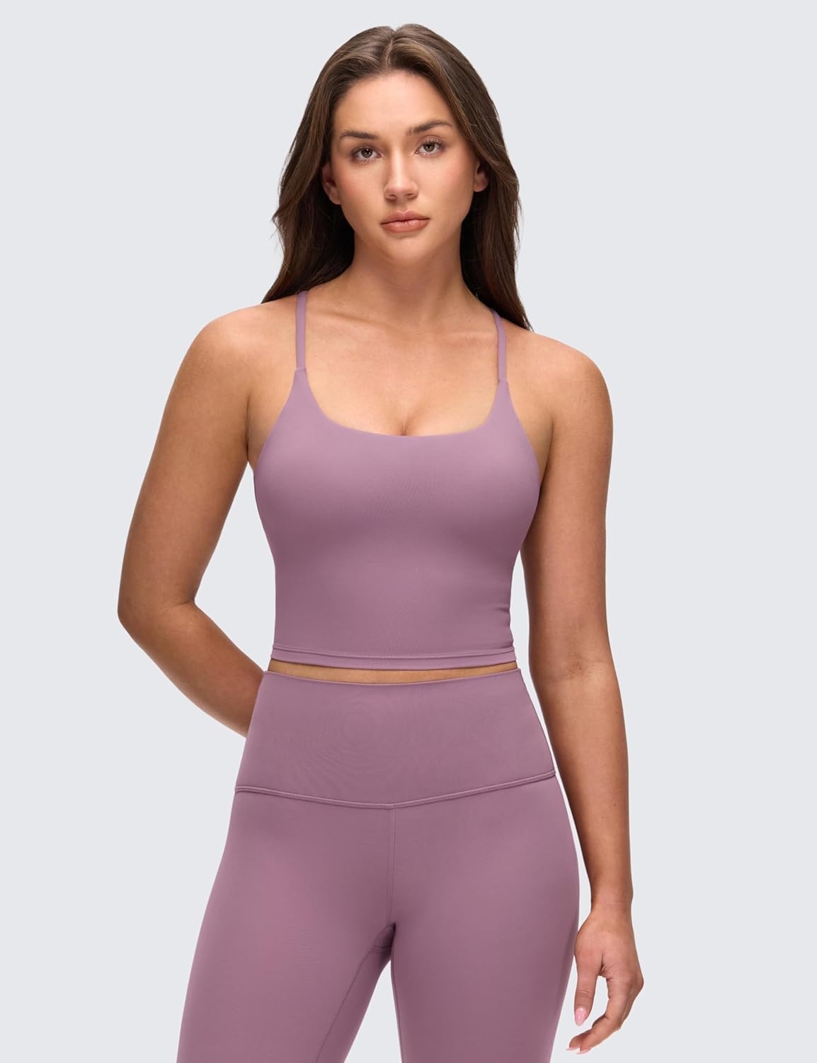 image:imageCRZ YOGA Butterluxe Twist Cross Back Crop Tank Tops for Women Padded Adjustable Straps Yoga Longline Sports BrasLight Lavender