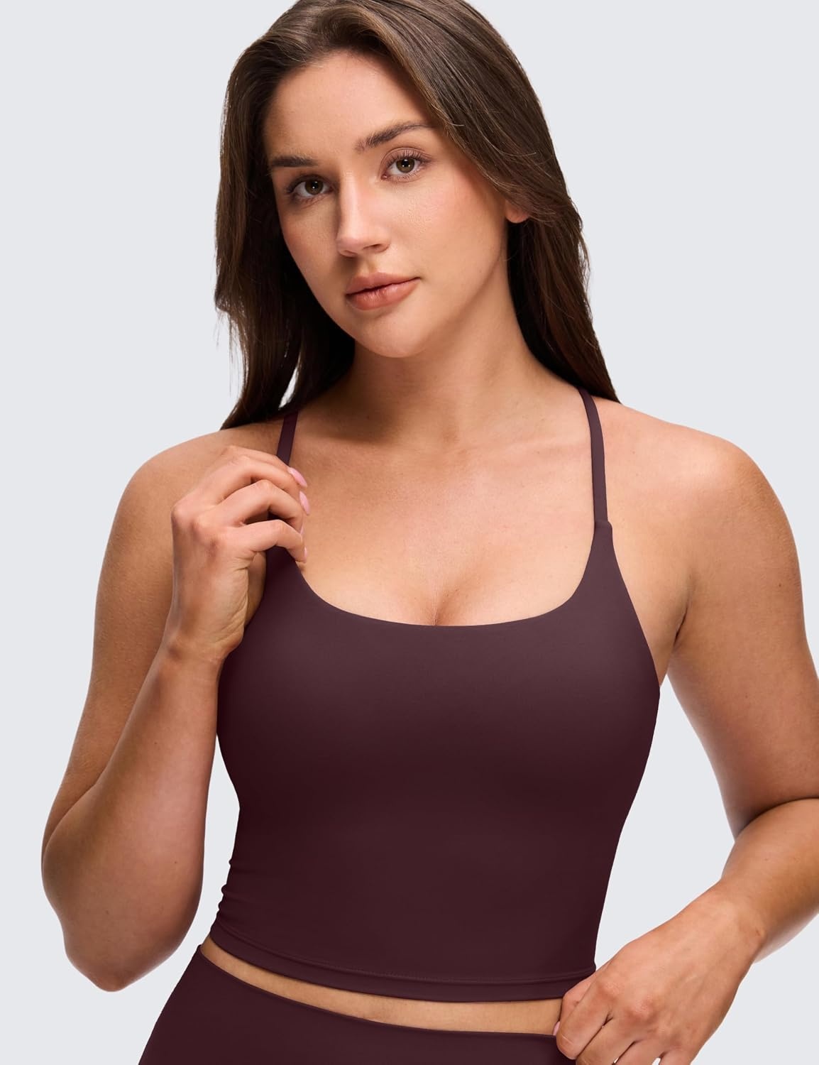 image:imageCRZ YOGA Butterluxe Twist Cross Back Crop Tank Tops for Women Padded Adjustable Straps Yoga Longline Sports BrasRipe Plum
