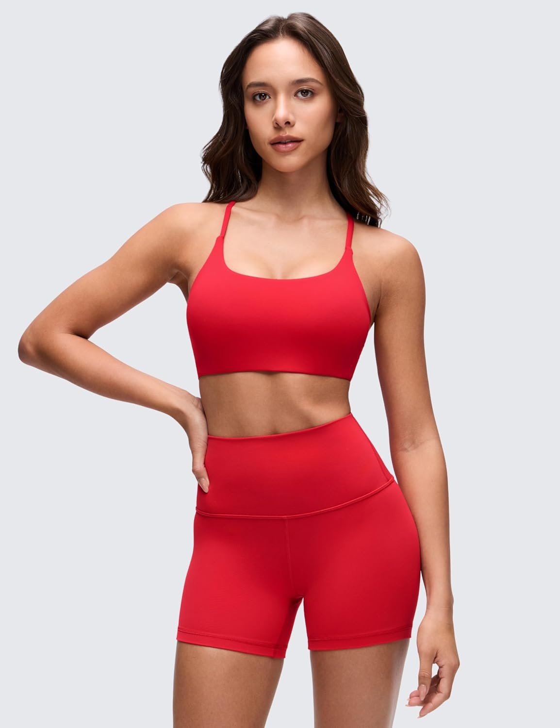 image:imageCRZ YOGA Butterluxe Twist Cross Back Sports Bras for Women U Neck Padded Adjustable Spaghetti Straps Yoga TopAurora Red