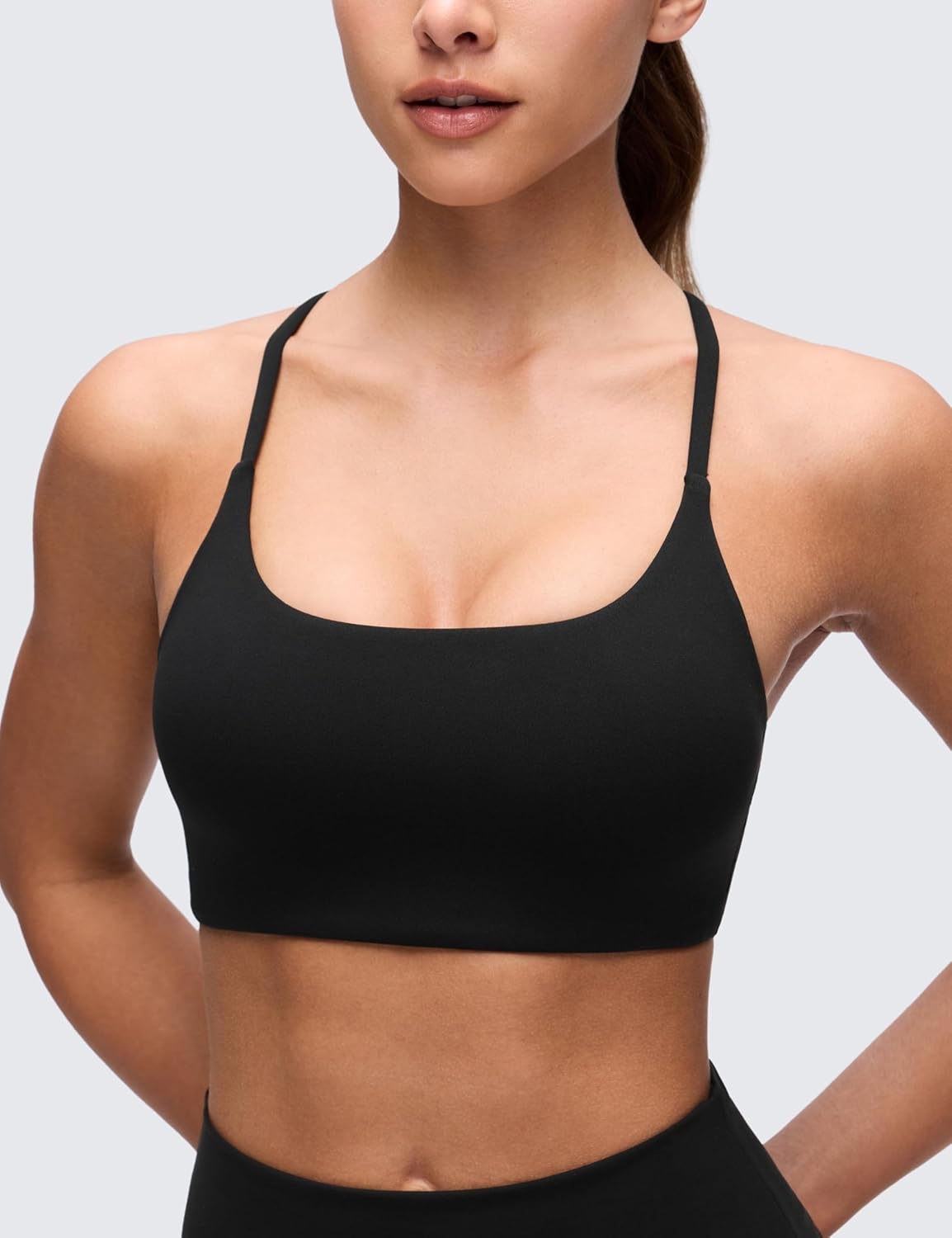 image:imageCRZ YOGA Butterluxe Twist Cross Back Sports Bras for Women U Neck Padded Adjustable Spaghetti Straps Yoga TopBlack
