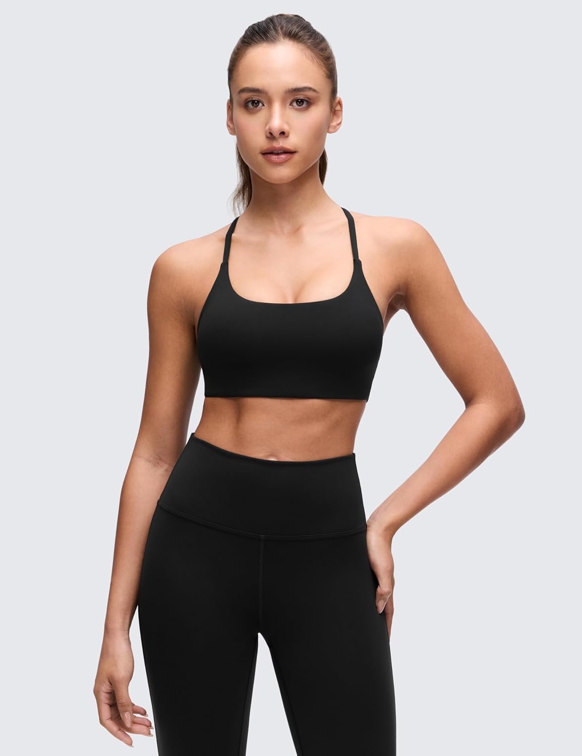 image:imageCRZ YOGA Butterluxe Twist Cross Back Sports Bras for Women U Neck Padded Adjustable Spaghetti Straps Yoga TopBlack