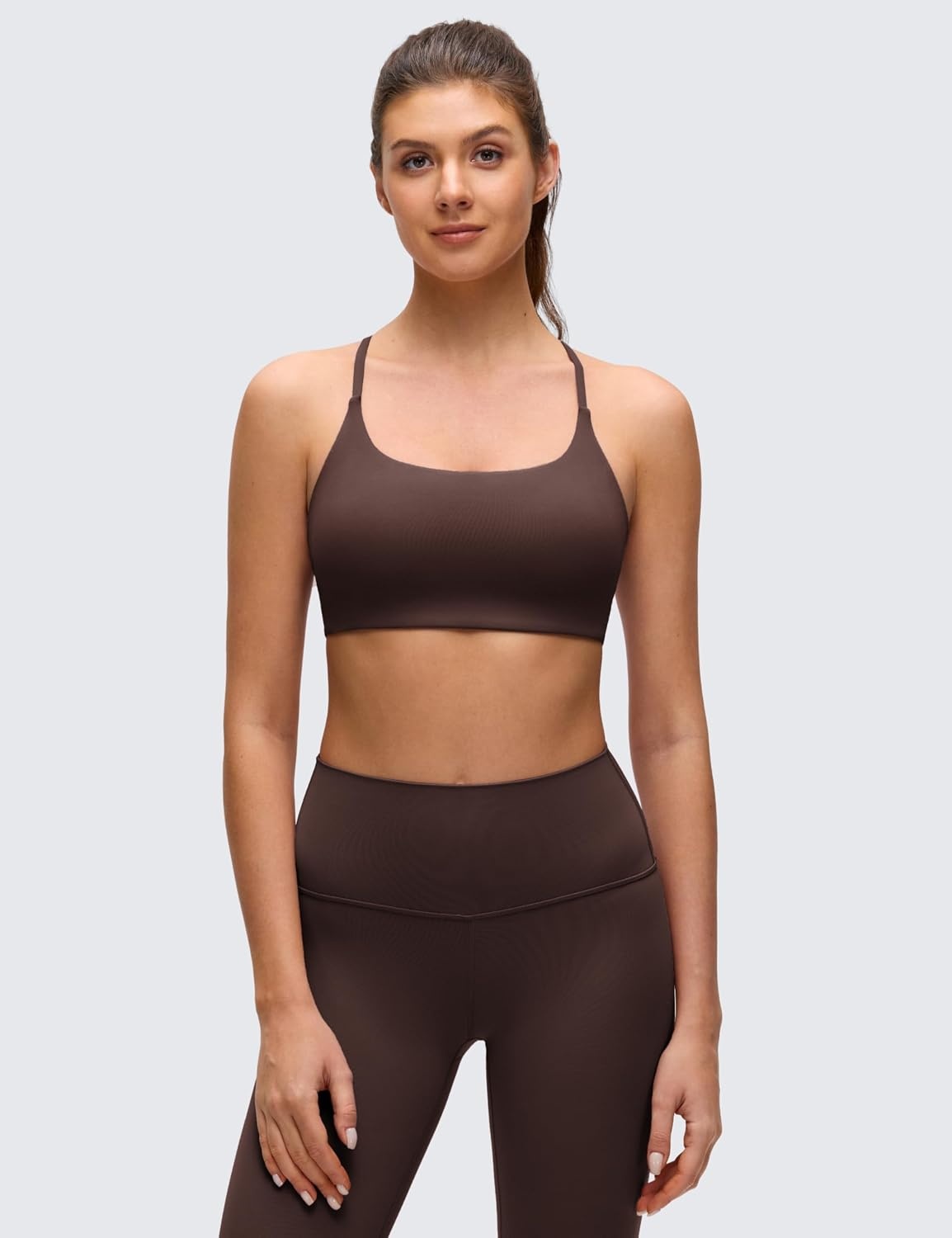image:imageCRZ YOGA Butterluxe Twist Cross Back Sports Bras for Women U Neck Padded Adjustable Spaghetti Straps Yoga TopHot Fudge Brown