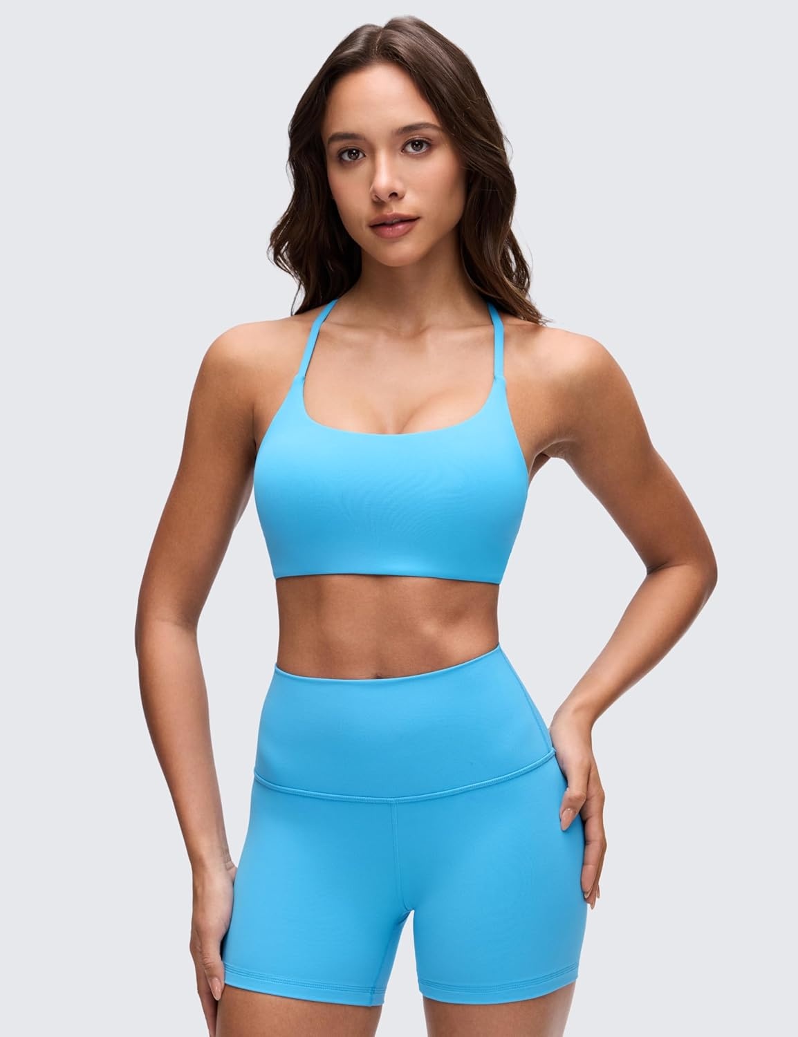 image:imageCRZ YOGA Butterluxe Twist Cross Back Sports Bras for Women U Neck Padded Adjustable Spaghetti Straps Yoga TopKayak Blue