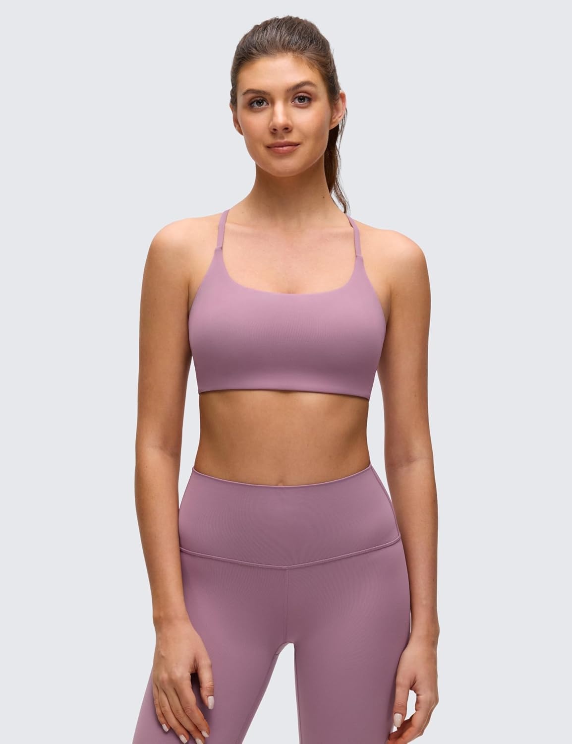 image:imageCRZ YOGA Butterluxe Twist Cross Back Sports Bras for Women U Neck Padded Adjustable Spaghetti Straps Yoga TopLight Lavender