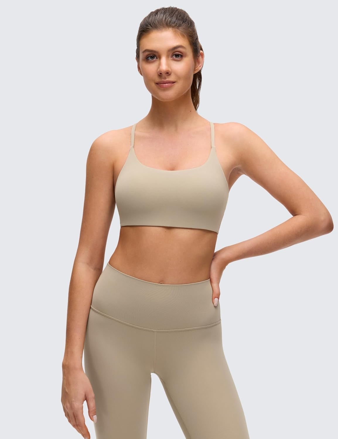 image:imageCRZ YOGA Butterluxe Twist Cross Back Sports Bras for Women U Neck Padded Adjustable Spaghetti Straps Yoga TopOak
