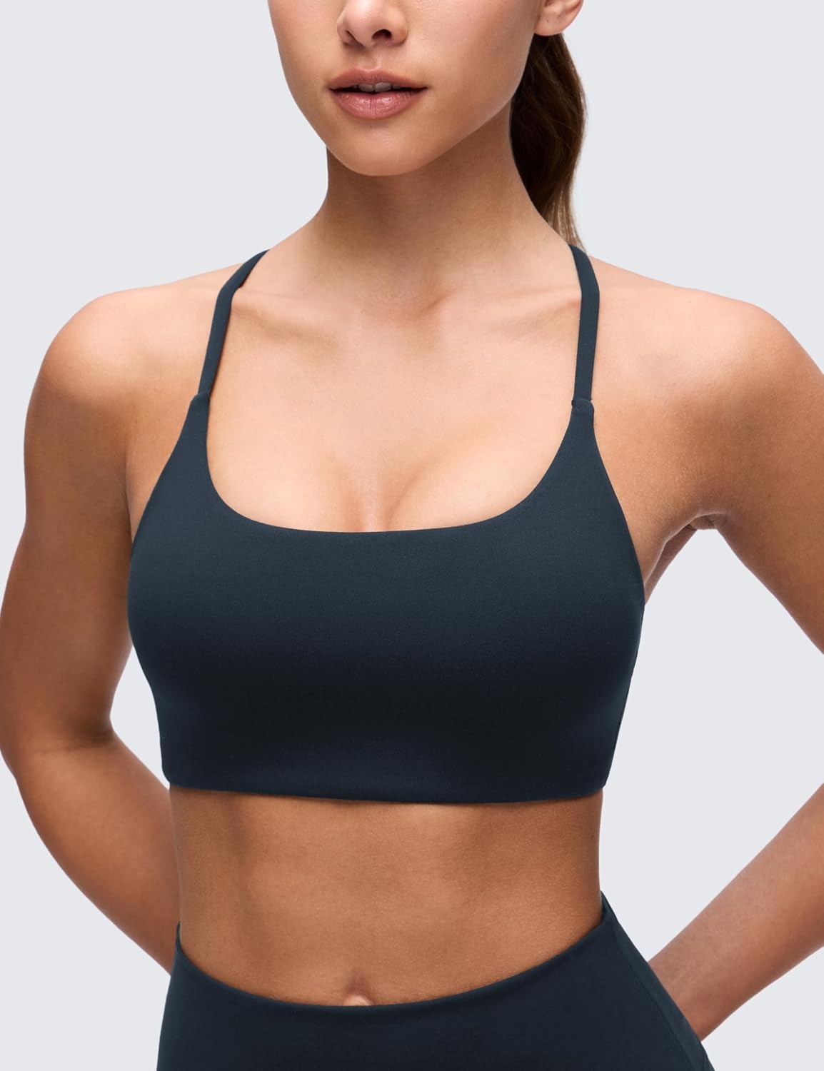 image:imageCRZ YOGA Butterluxe Twist Cross Back Sports Bras for Women U Neck Padded Adjustable Spaghetti Straps Yoga TopTrue Navy