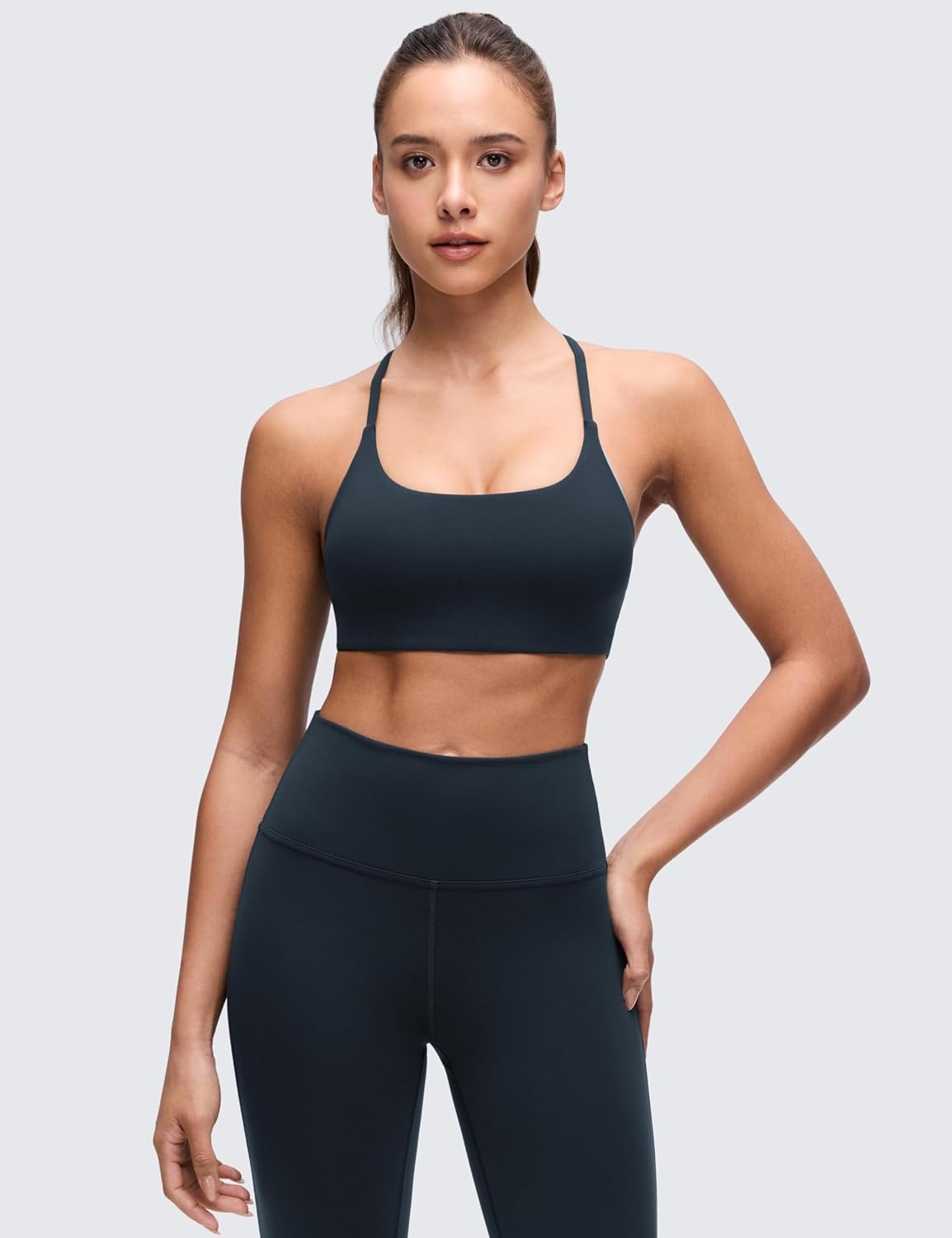 image:imageCRZ YOGA Butterluxe Twist Cross Back Sports Bras for Women U Neck Padded Adjustable Spaghetti Straps Yoga TopTrue Navy