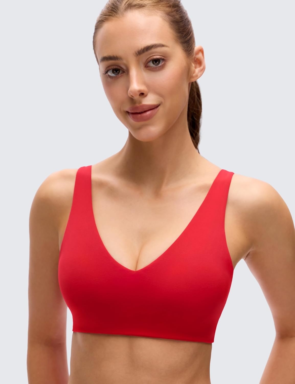 image:imageCRZ YOGA Butterluxe V Neck U Back Sports Bras for Women Low Cut Padded Wireless Basic Yoga TopAurora Red