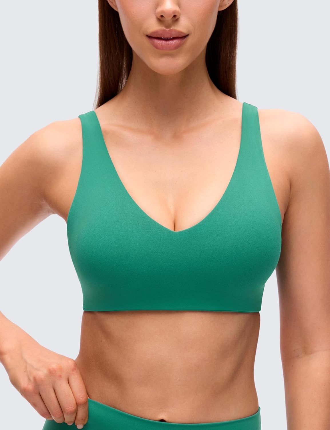 image:imageCRZ YOGA Butterluxe V Neck U Back Sports Bras for Women Low Cut Padded Wireless Basic Yoga TopCascadia Green