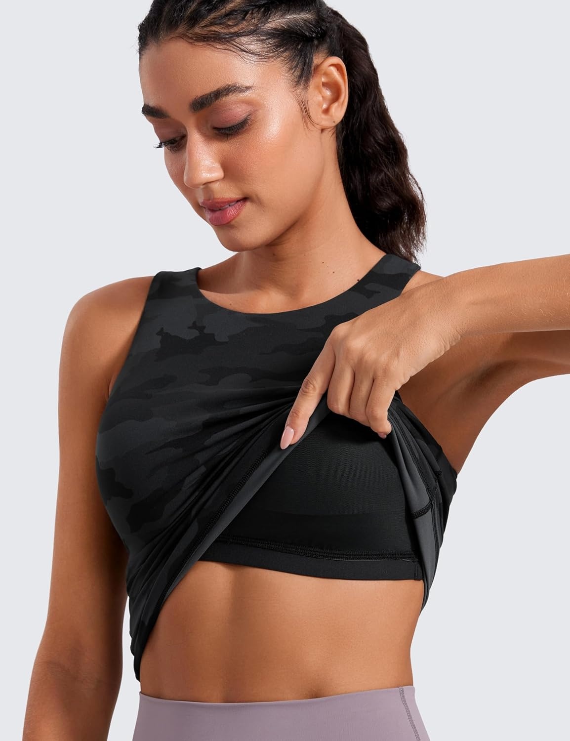 image:imageCRZ YOGA Butterluxe Workout Tank Tops for Women Racerback Padded High Neck Yoga Athletic Shirt with Built in BraDark Grey Camouflage 2