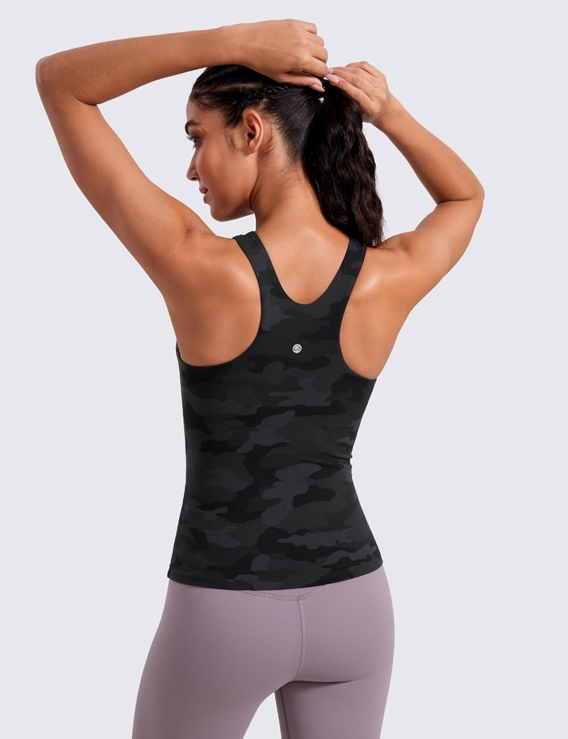 image:imageCRZ YOGA Butterluxe Workout Tank Tops for Women Racerback Padded High Neck Yoga Athletic Shirt with Built in BraDark Grey Camouflage 2