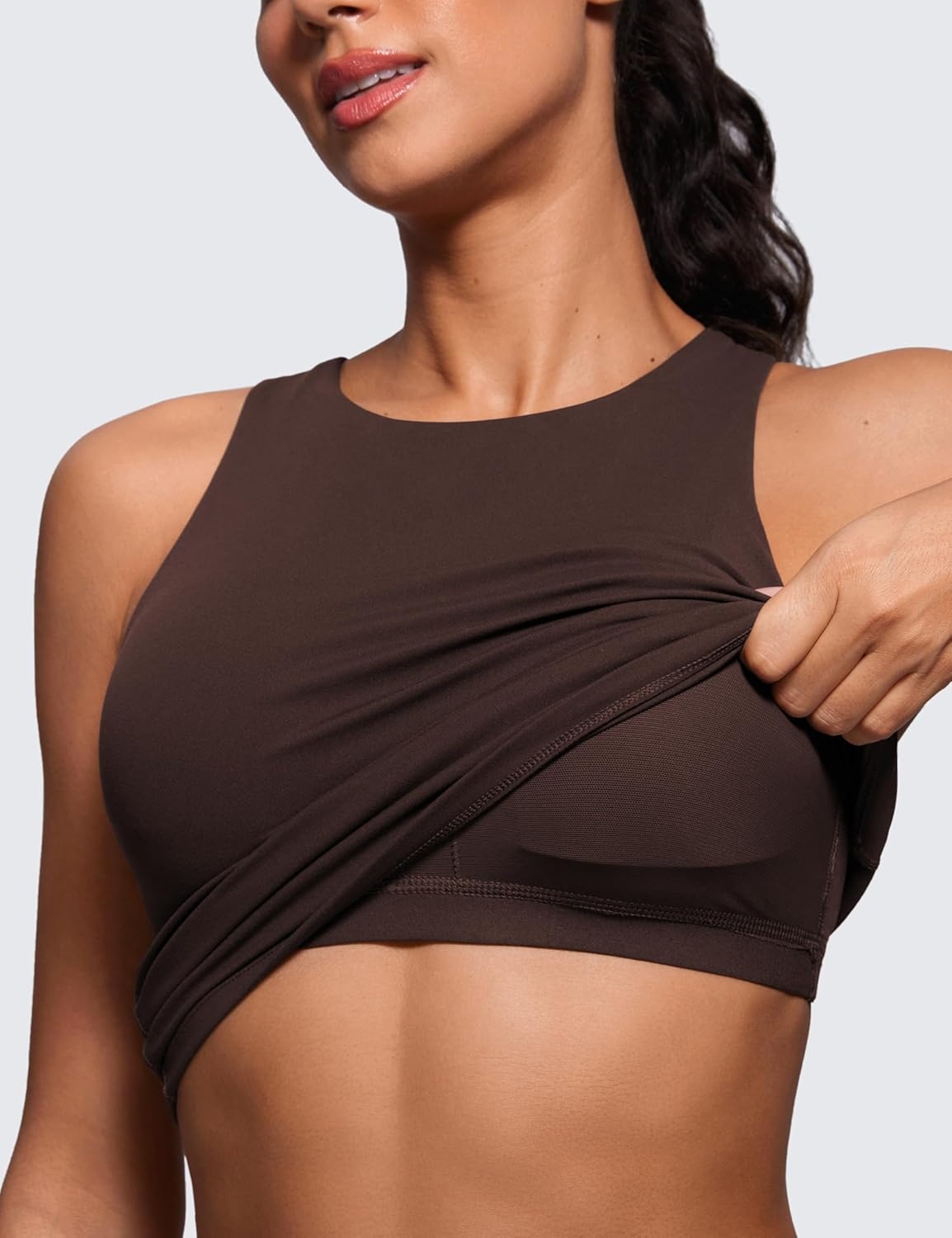 image:imageCRZ YOGA Butterluxe Workout Tank Tops for Women Racerback Padded High Neck Yoga Athletic Shirt with Built in BraHot Fudge Brown