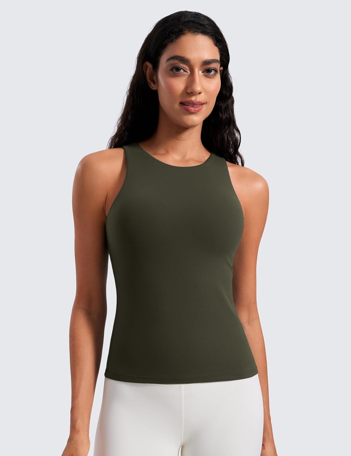 image:imageCRZ YOGA Butterluxe Workout Tank Tops for Women Racerback Padded High Neck Yoga Athletic Shirt with Built in BraOlive Green