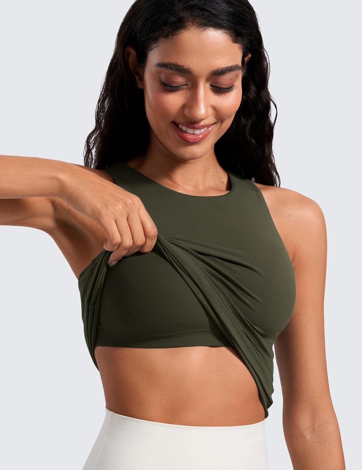 image:imageCRZ YOGA Butterluxe Workout Tank Tops for Women Racerback Padded High Neck Yoga Athletic Shirt with Built in BraOlive Green