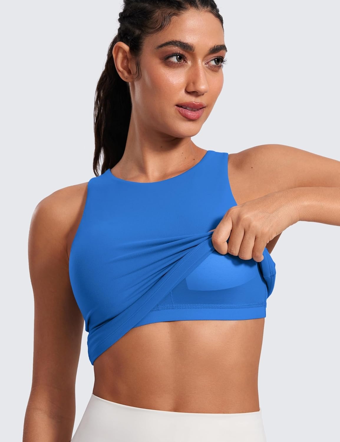 image:imageCRZ YOGA Butterluxe Workout Tank Tops for Women Racerback Padded High Neck Yoga Athletic Shirt with Built in BraSparkle Blue