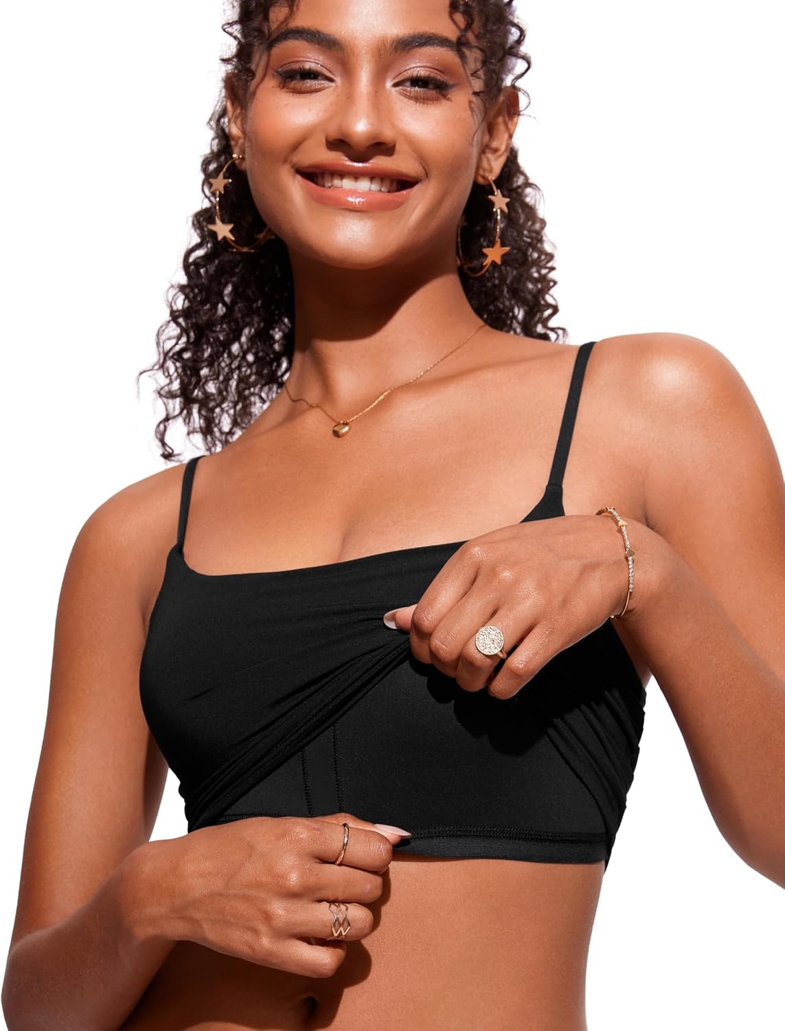 image:imageCRZ YOGA Cami Strap Bikini Tops for Women Padded Scoop Neck Longline Swimsuit Adjustable Bathing Suit Crop TankiniBlack