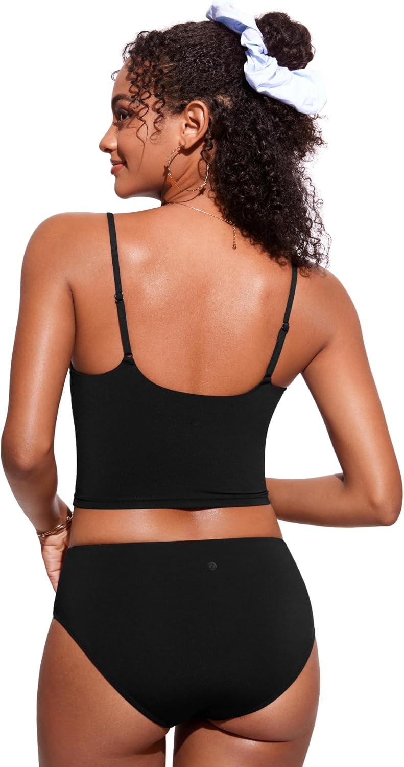 image:imageCRZ YOGA Cami Strap Bikini Tops for Women Padded Scoop Neck Longline Swimsuit Adjustable Bathing Suit Crop TankiniBlack