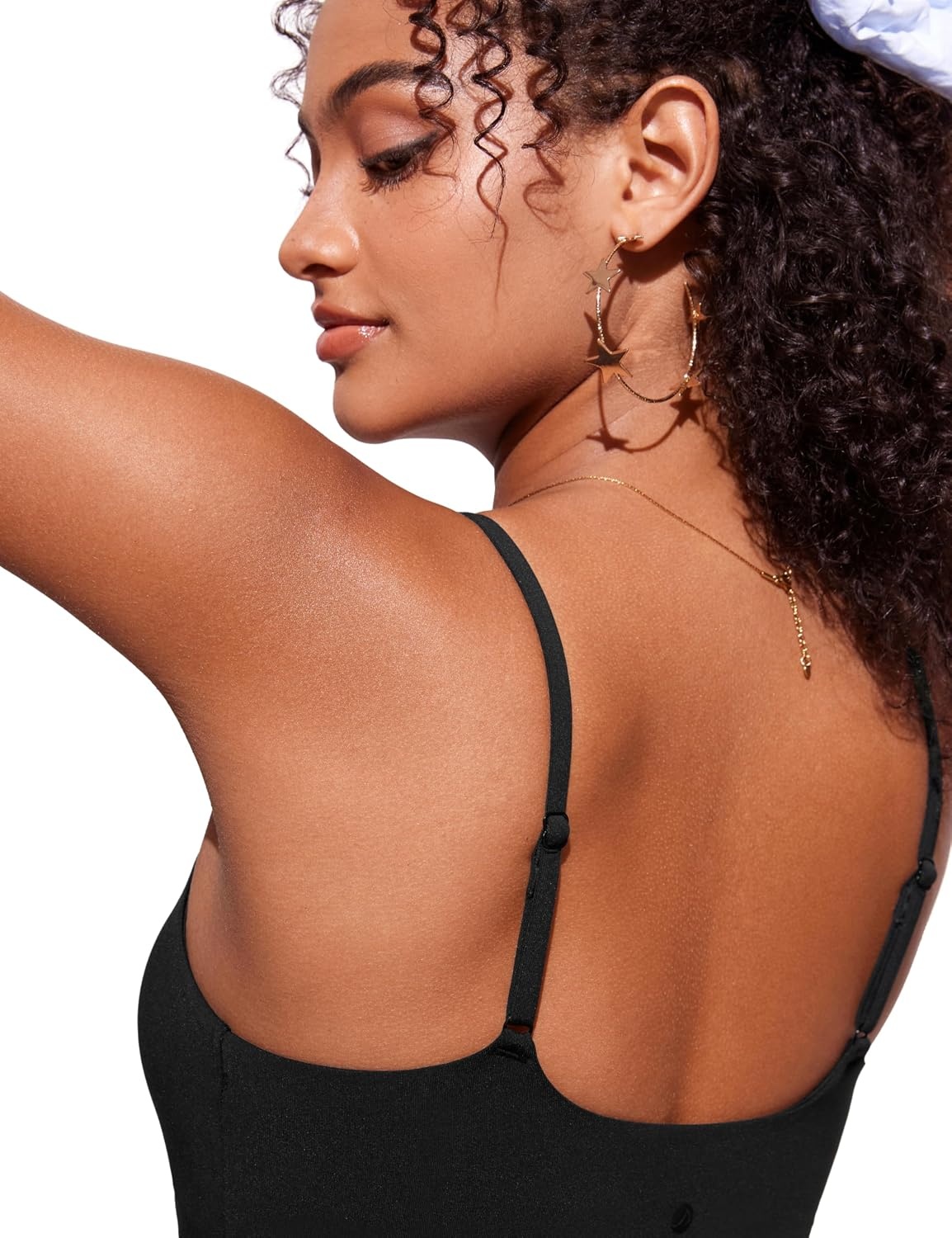 image:imageCRZ YOGA Cami Strap Bikini Tops for Women Padded Scoop Neck Longline Swimsuit Adjustable Bathing Suit Crop TankiniBlack