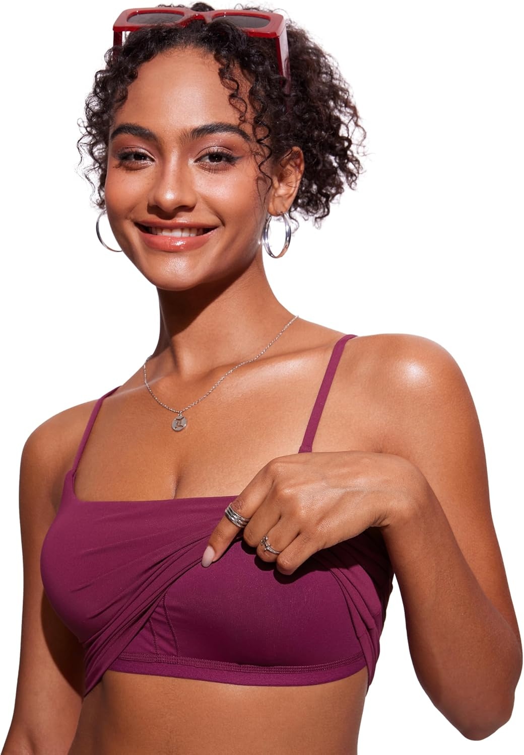 image:imageCRZ YOGA Cami Strap Bikini Tops for Women Padded Scoop Neck Longline Swimsuit Adjustable Bathing Suit Crop TankiniFuchsia