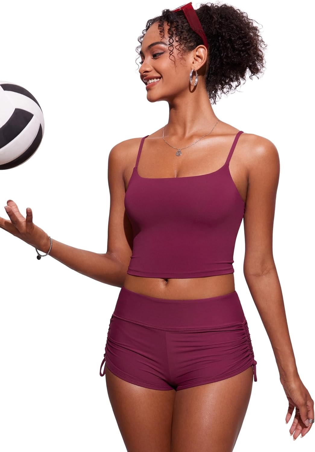 image:imageCRZ YOGA Cami Strap Bikini Tops for Women Padded Scoop Neck Longline Swimsuit Adjustable Bathing Suit Crop TankiniFuchsia