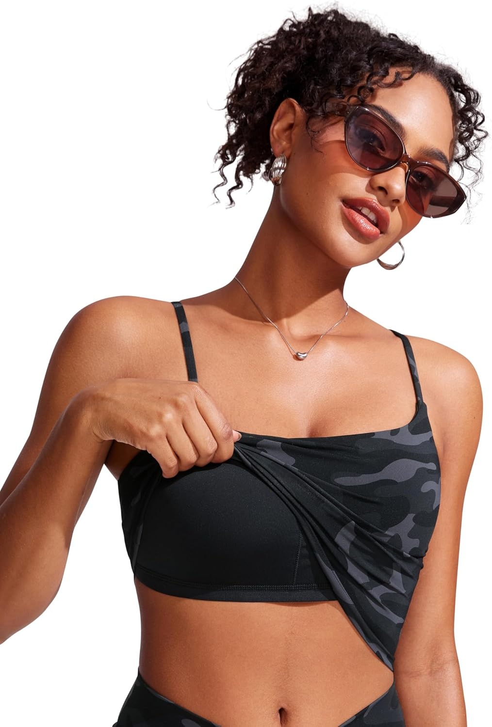 image:imageCRZ YOGA Cami Strap Bikini Tops for Women Padded Scoop Neck Longline Swimsuit Adjustable Bathing Suit Crop TankiniJungle Camouflage Gray