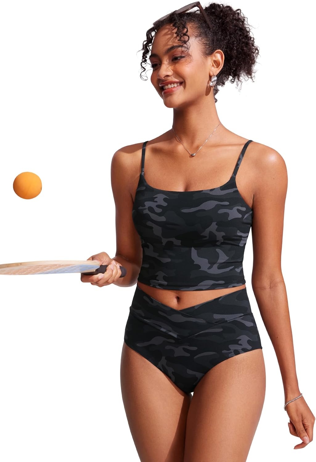 image:imageCRZ YOGA Cami Strap Bikini Tops for Women Padded Scoop Neck Longline Swimsuit Adjustable Bathing Suit Crop TankiniJungle Camouflage Gray