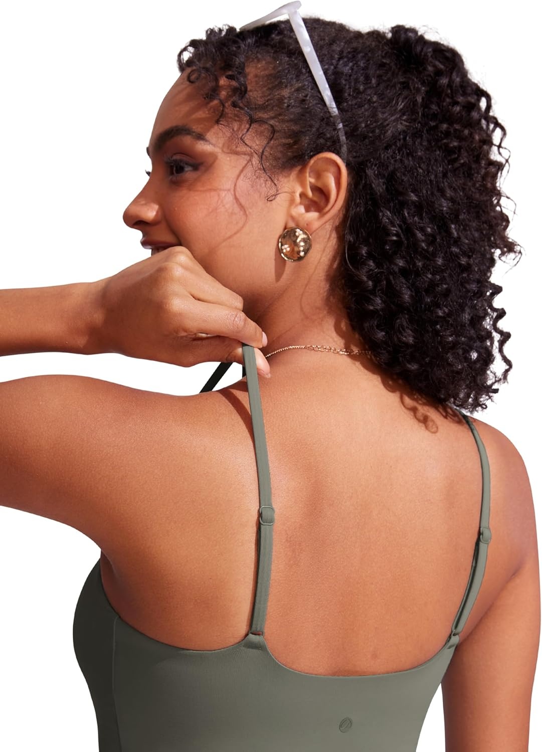 image:imageCRZ YOGA Cami Strap Bikini Tops for Women Padded Scoop Neck Longline Swimsuit Adjustable Bathing Suit Crop TankiniLight Army Green