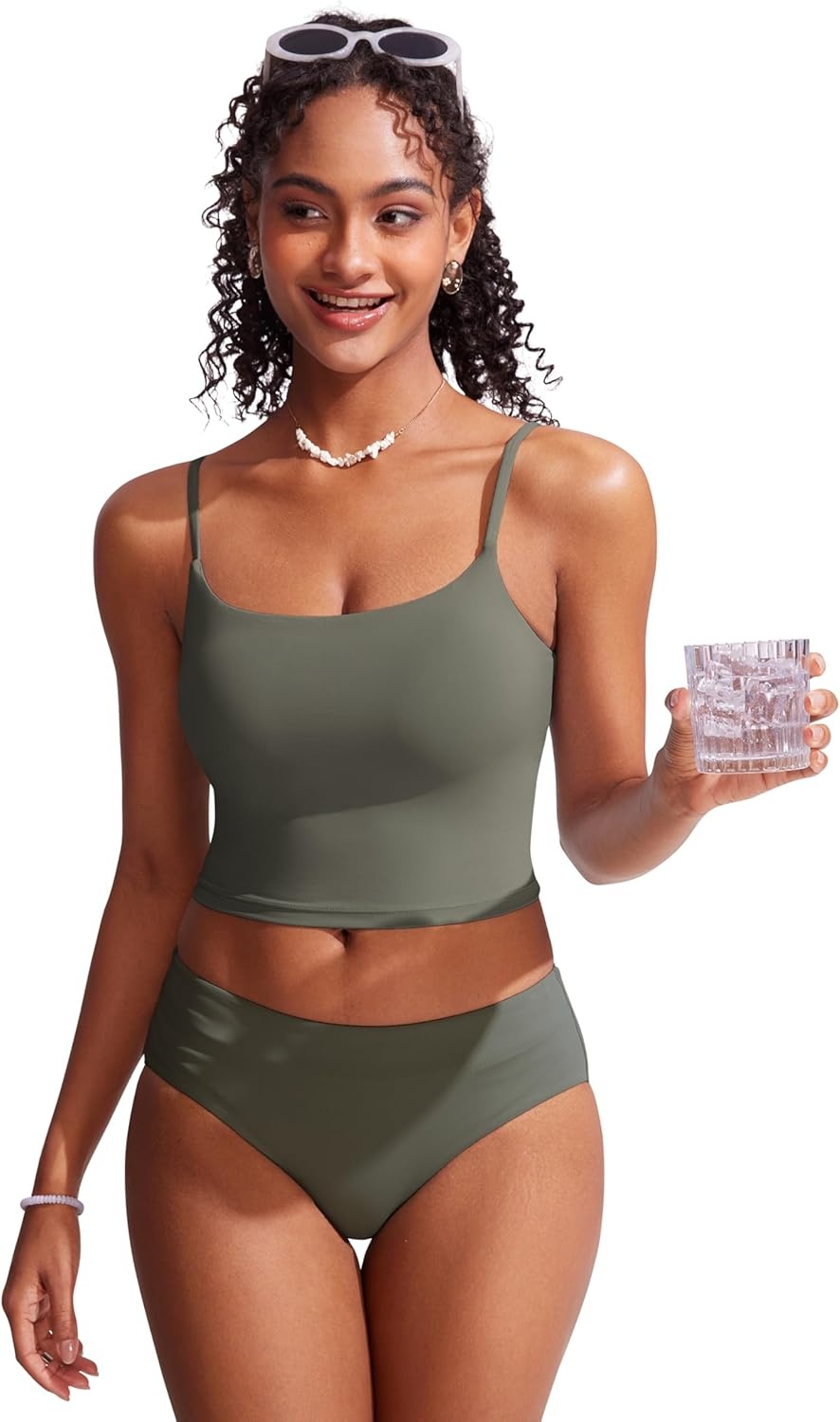 image:imageCRZ YOGA Cami Strap Bikini Tops for Women Padded Scoop Neck Longline Swimsuit Adjustable Bathing Suit Crop TankiniLight Army Green