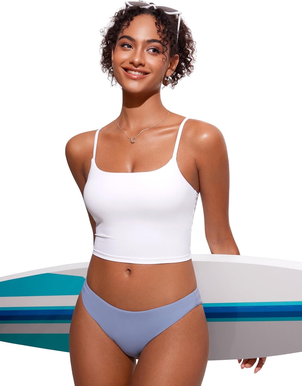 image:imageCRZ YOGA Cami Strap Bikini Tops for Women Padded Scoop Neck Longline Swimsuit Adjustable Bathing Suit Crop TankiniWhite