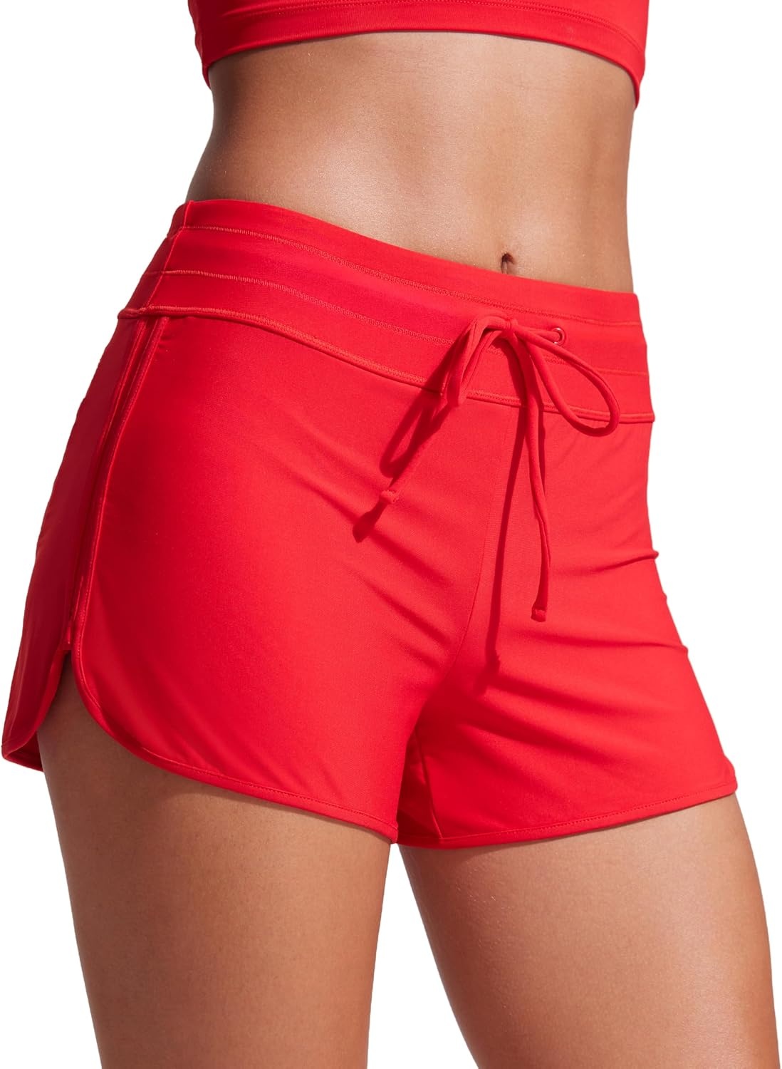 image:imageCRZ YOGA Classic Fit Dolphin Board Shorts for Women 3 High Waisted Beach Swimwear Bottoms Bathing Trunks with LinerDeep Red