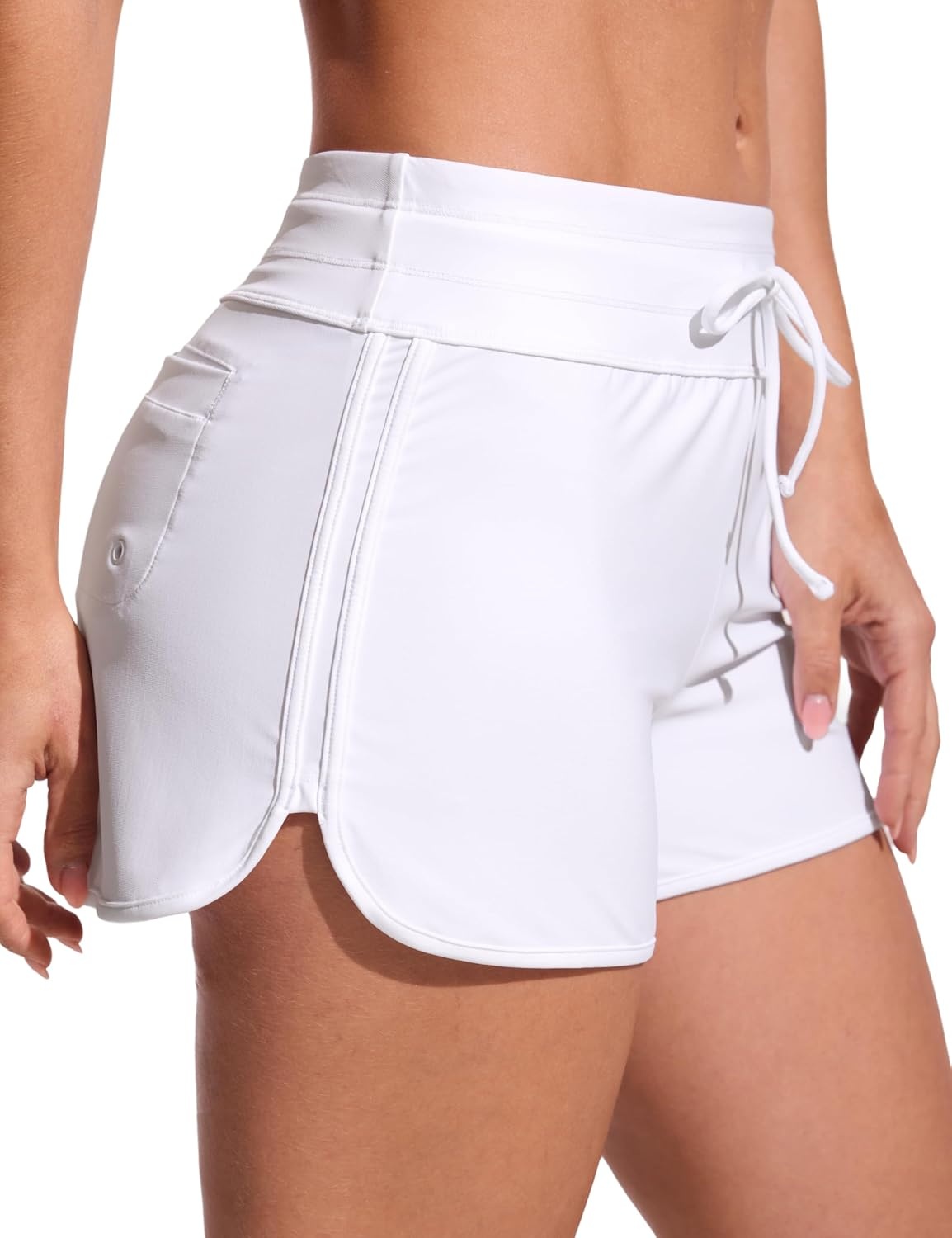 image:imageCRZ YOGA Classic Fit Dolphin Board Shorts for Women 3 High Waisted Beach Swimwear Bottoms Bathing Trunks with LinerWhite
