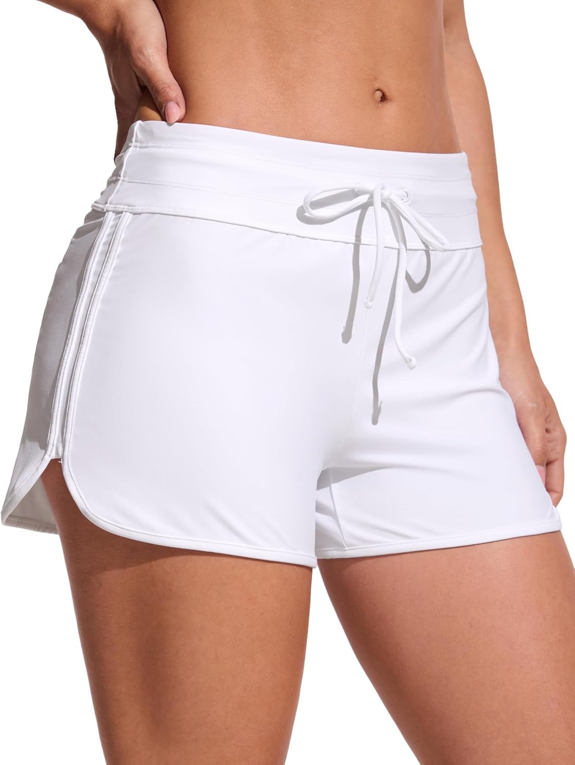 image:imageCRZ YOGA Classic Fit Dolphin Board Shorts for Women 3 High Waisted Beach Swimwear Bottoms Bathing Trunks with LinerWhite