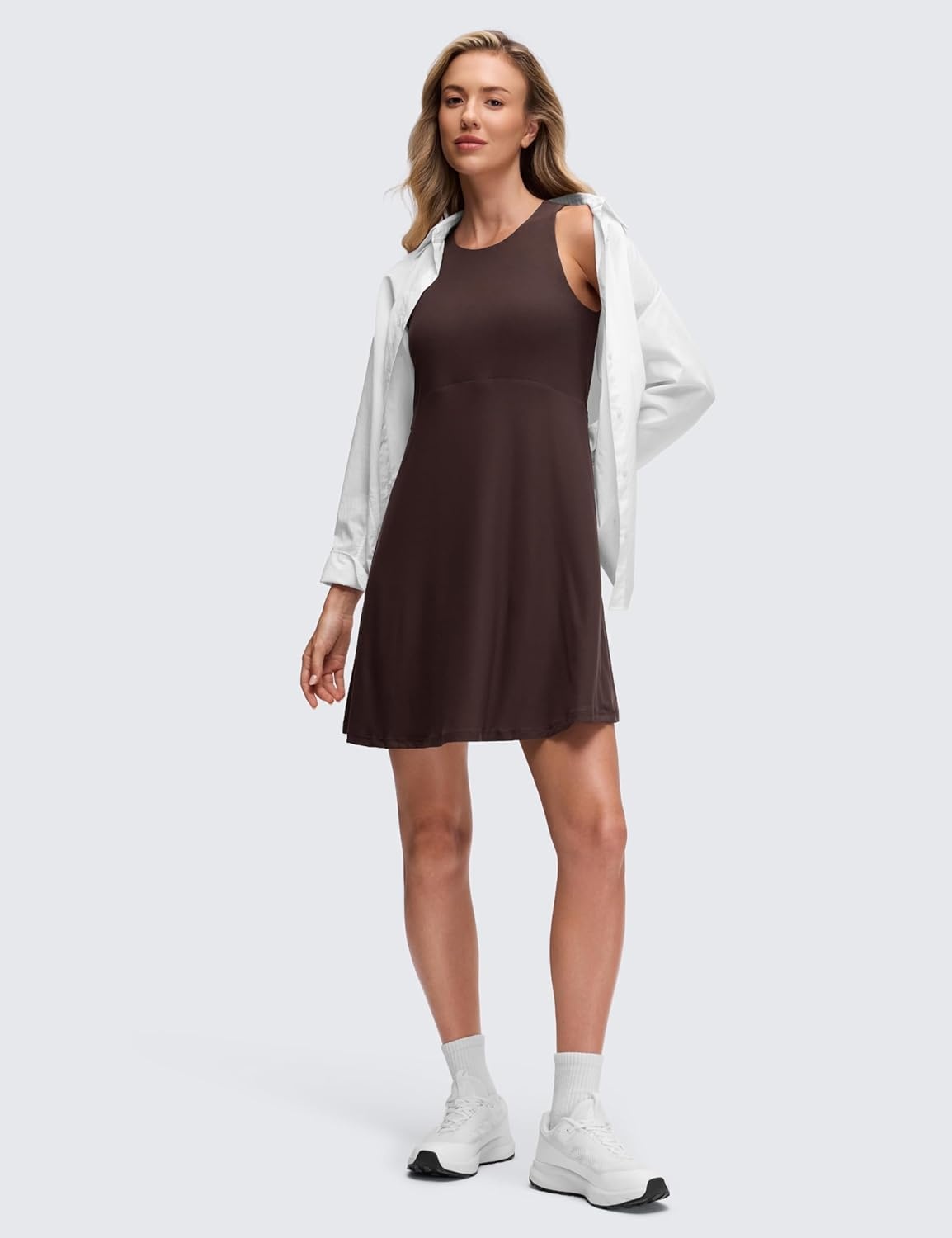 image:imageCRZ YOGA Cloudweight Double Layer Midi Dress for Women Crewneck Flowy Tank Top Sleeveless Outfits for Casual TravelHot Fudge Brown