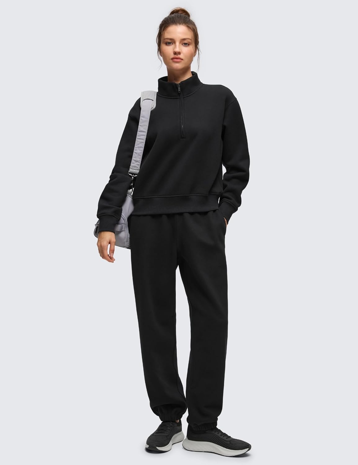 image:imageCRZ YOGA Cotton Fleece Lined Half Zip Sweatshirt for Women Pullover Funnel Neck Workout Casual Sweat Shirts with PocketBlack