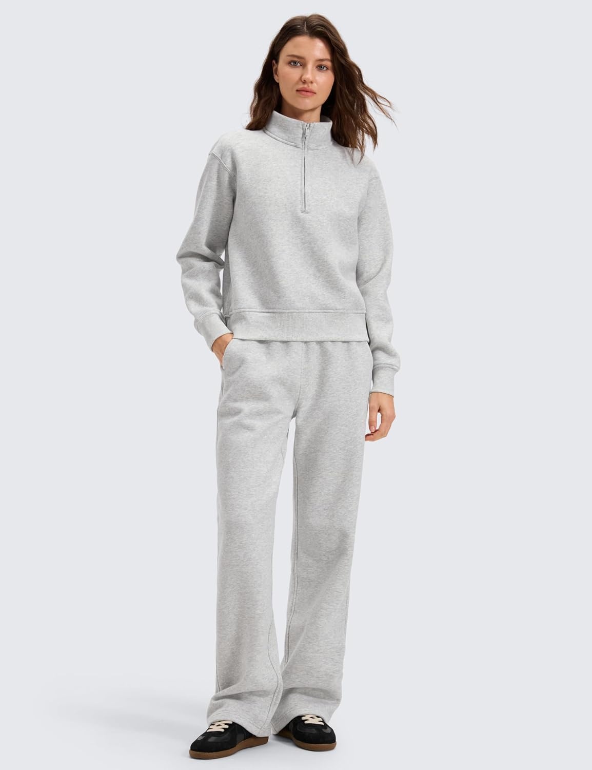 image:imageCRZ YOGA Cotton Fleece Lined Half Zip Sweatshirt for Women Pullover Funnel Neck Workout Casual Sweat Shirts with PocketDove Grey Heather
