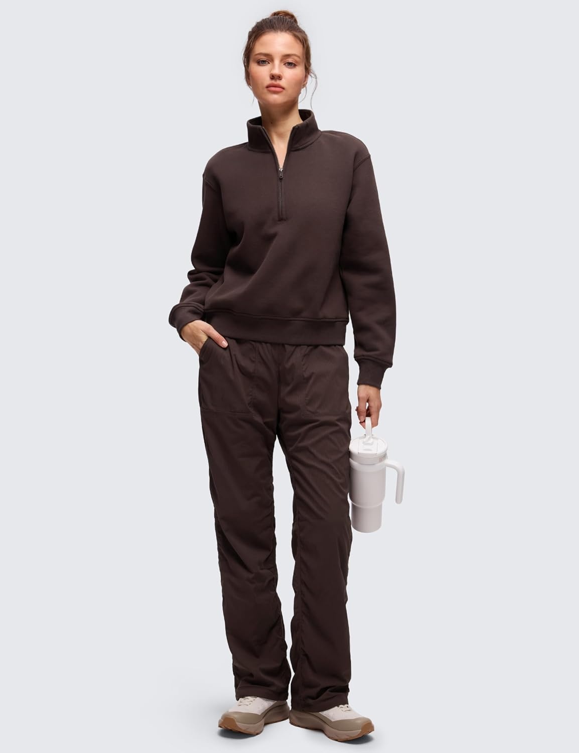 image:imageCRZ YOGA Cotton Fleece Lined Half Zip Sweatshirt for Women Pullover Funnel Neck Workout Casual Sweat Shirts with PocketHot Fudge Brown