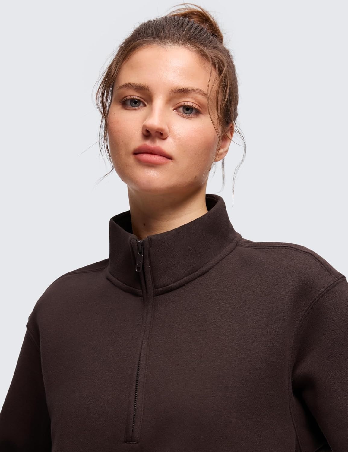 image:imageCRZ YOGA Cotton Fleece Lined Half Zip Sweatshirt for Women Pullover Funnel Neck Workout Casual Sweat Shirts with PocketHot Fudge Brown