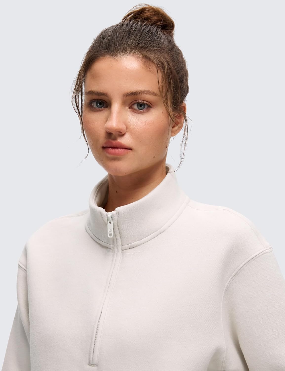 image:imageCRZ YOGA Cotton Fleece Lined Half Zip Sweatshirt for Women Pullover Funnel Neck Workout Casual Sweat Shirts with PocketMilky White Bone