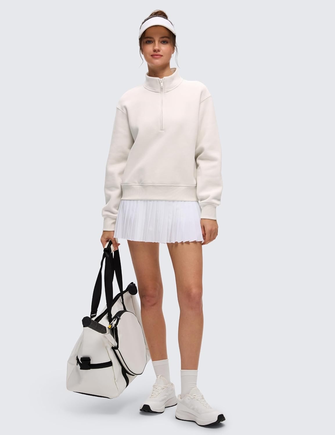 image:imageCRZ YOGA Cotton Fleece Lined Half Zip Sweatshirt for Women Pullover Funnel Neck Workout Casual Sweat Shirts with PocketMilky White Bone