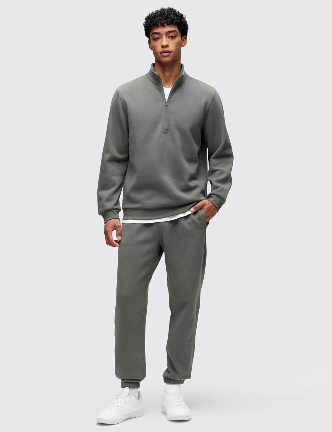 image:imageCRZ YOGA Cotton Fleece Lined Half Zip Sweatshirts for Men Mock Neck Pullover Sweat Shirts Casual Workout Daily SweatersGrey Sage
