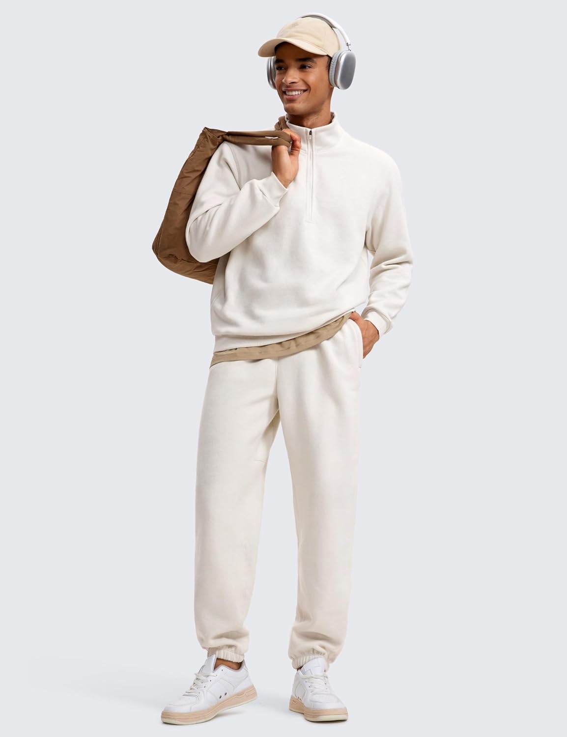 image:imageCRZ YOGA Cotton Fleece Lined Half Zip Sweatshirts for Men Mock Neck Pullover Sweat Shirts Casual Workout Daily SweatersMilky White Bone