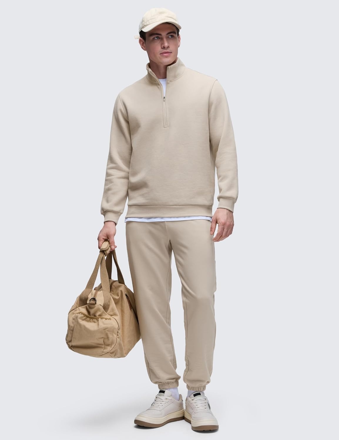 image:imageCRZ YOGA Cotton Fleece Lined Half Zip Sweatshirts for Men Mock Neck Pullover Sweat Shirts Casual Workout Daily SweatersMojave Tan