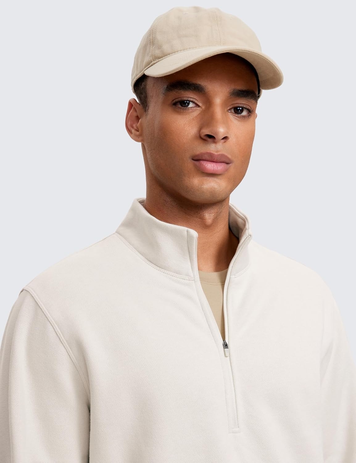 image:imageCRZ YOGA Cotton Fleece Lined Half Zip Sweatshirts for Men Mock Neck Pullover Sweat Shirts Casual Workout Daily SweatersWhite Apricot