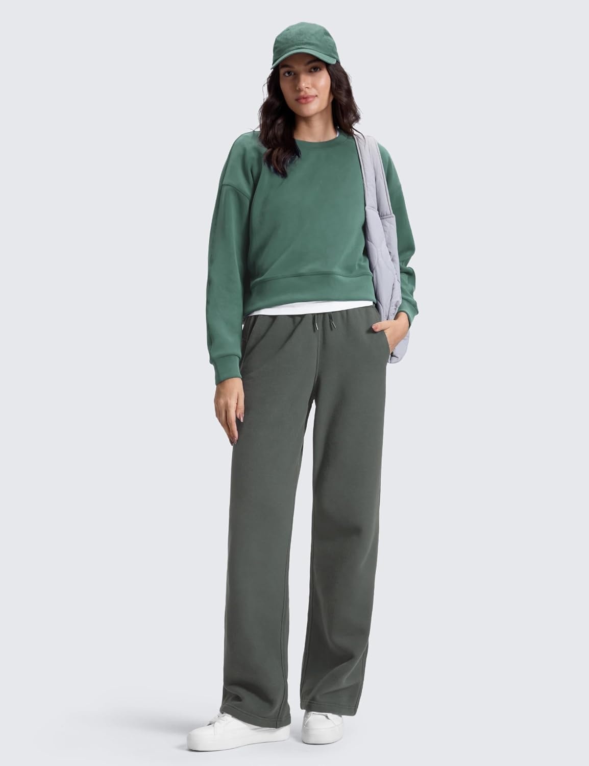 image:imageCRZ YOGA Cotton Fleece Lined Sweatpants Women 283032 Straight Leg Casual Lounge Pants with Pockets Winter WarmGrey Sage
