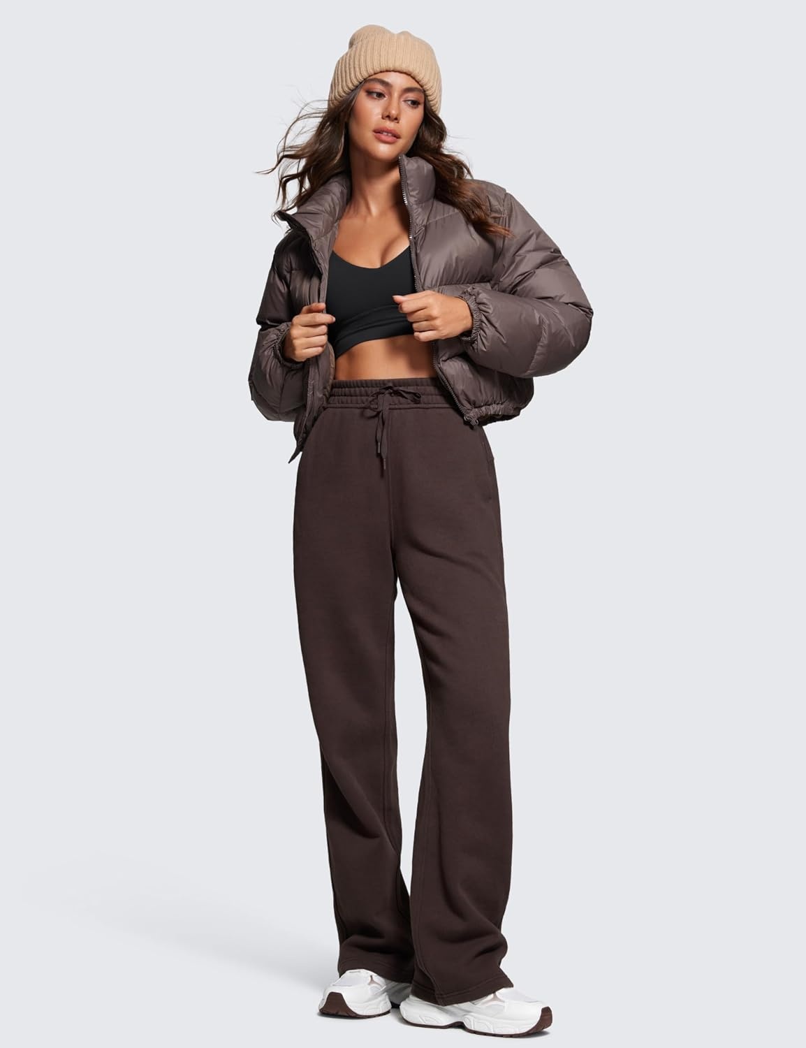 image:imageCRZ YOGA Cotton Fleece Lined Sweatpants Women 283032 Straight Leg Casual Lounge Pants with Pockets Winter WarmHot Fudge Brown
