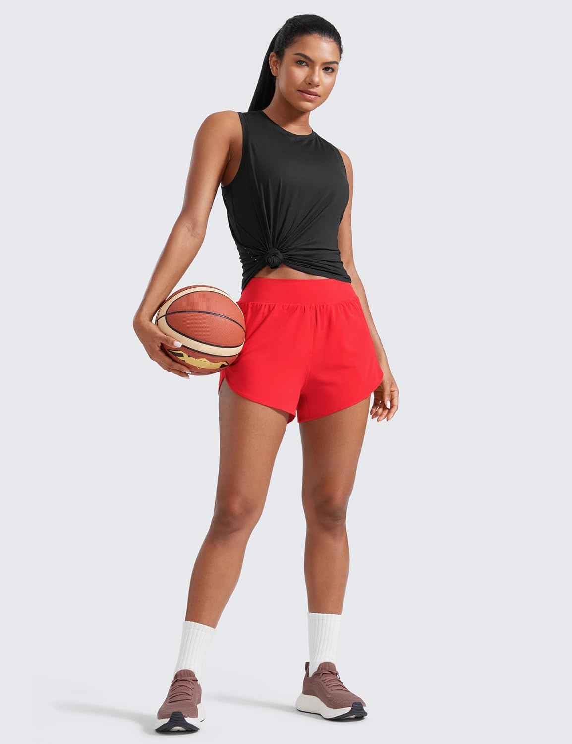 image:imageCRZ YOGA Dolphin Flat Waist Athletic Shorts for Women 3 High Rise Quick Dry for Running Workout Gym Track with Zip PocketsDeep Red