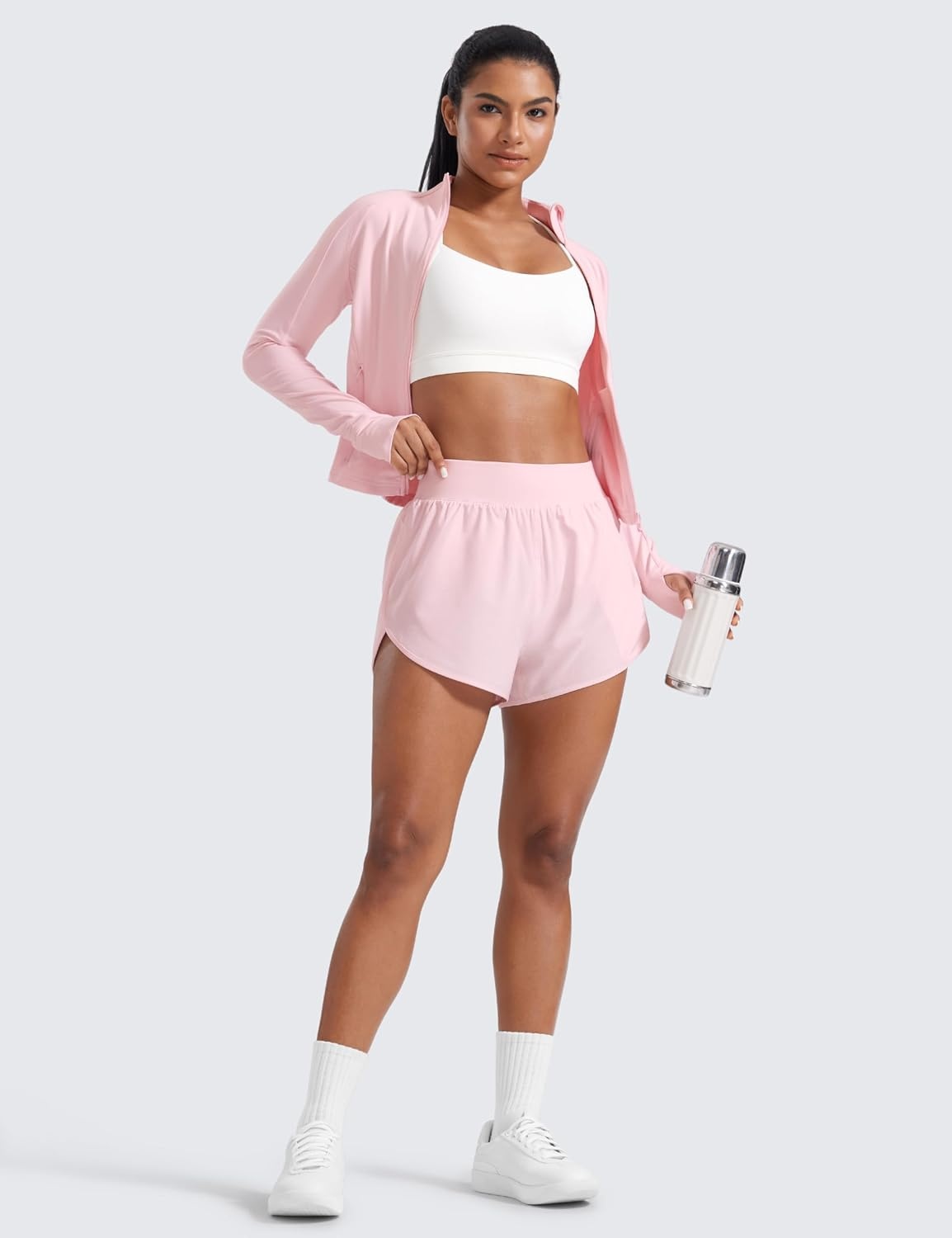 image:imageCRZ YOGA Dolphin Flat Waist Athletic Shorts for Women 3 High Rise Quick Dry for Running Workout Gym Track with Zip PocketsStrawberry Pink