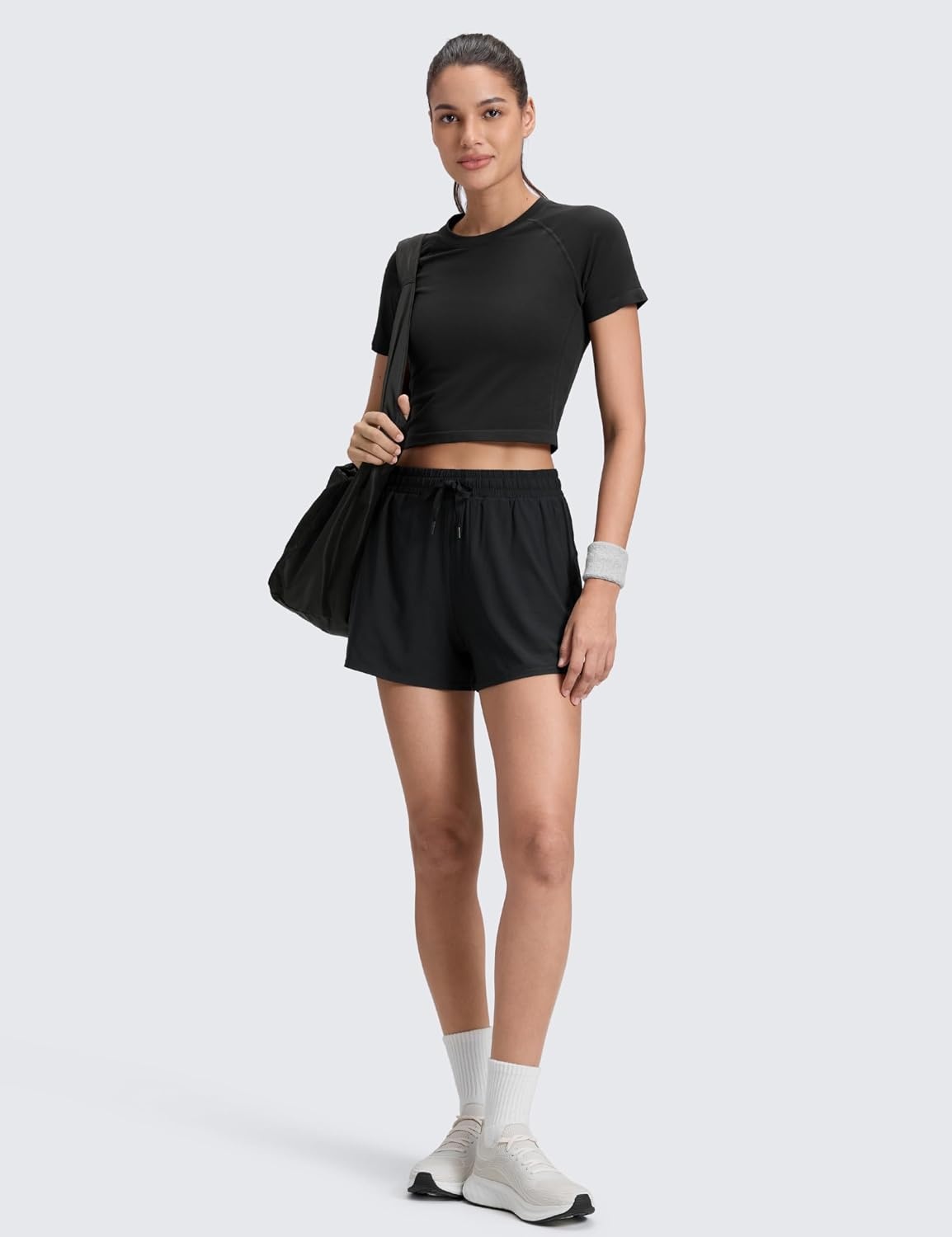 image:imageCRZ YOGA Drapey 2 in 1 Athletic Shorts for Women High Waisted V Slit Casual Tennis Running with PocketsBlack