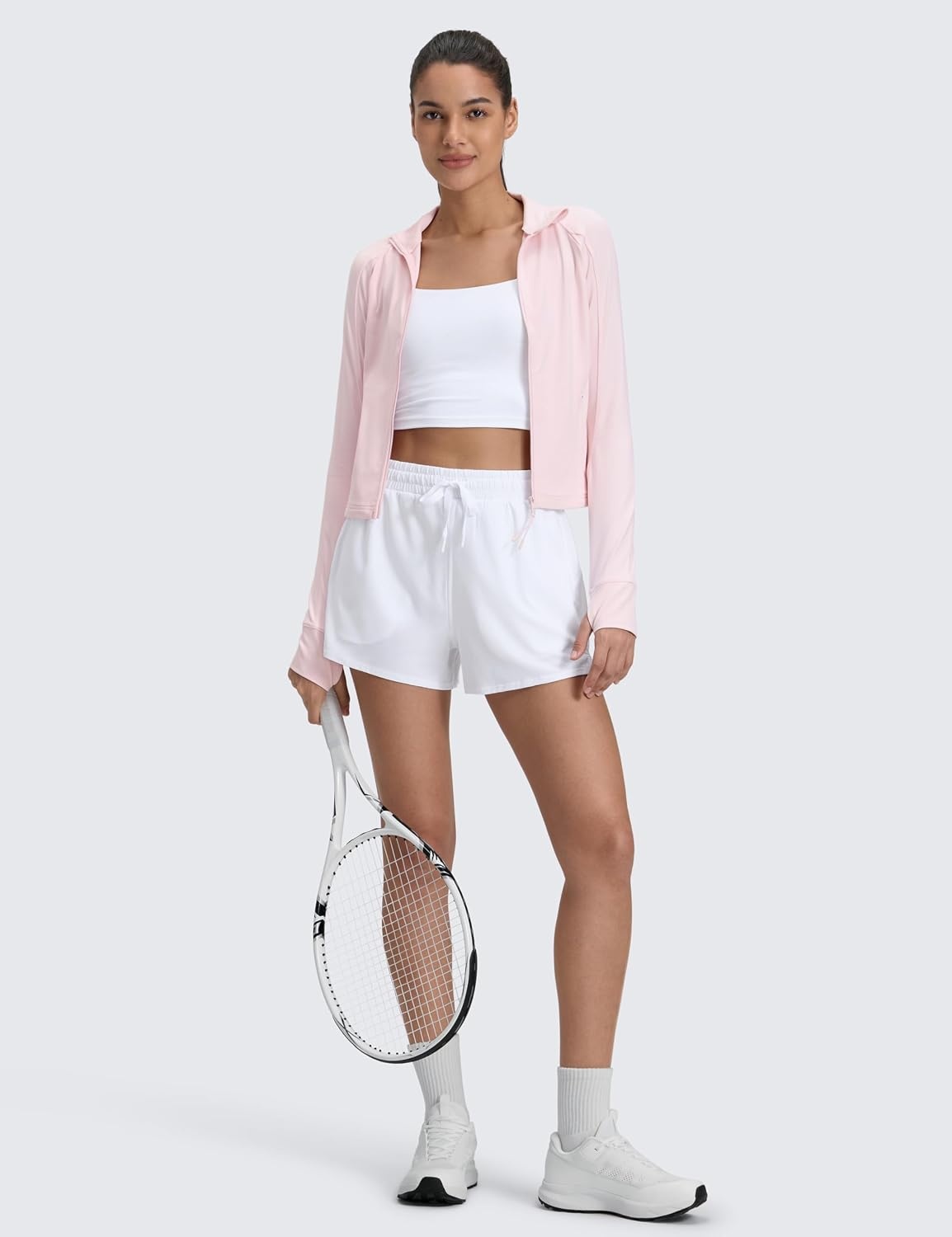 image:imageCRZ YOGA Drapey 2 in 1 Athletic Shorts for Women High Waisted V Slit Casual Tennis Running with PocketsWhite